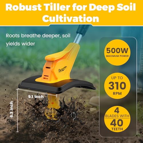 Battery Powered Tiller Compatible with Dewalt 20V Battery(Tool Only), 310RPM Folding Electric Rototiller Features 40 Steel Tines, 9.1In Tilling Width & 6.3In Depth Tiller - color: Compatible with Dewalt 20V Battery