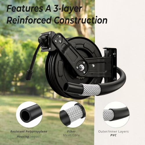 Relhost Pressure Washer Hose Reel, 65 ft x 1/4 inch Retractable Power Washer Hose Reel, Heavy Duty Steel Hose Reel with Dual Arms, Auto Rewind, 180° Swivel Ceiling