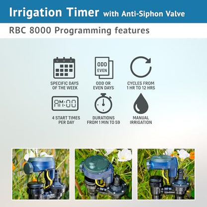 DIG RBC 8000 Battery Powered Irrigation Automatic Controller with 3/4" Anti-Siphon Valve - Advanced, Safe, and Convenient for Sprinklers or Drip Irrigation System