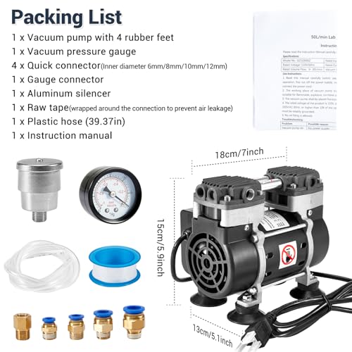 Vacuum Pump 50 L/Min, Oilless Pump with Upgraded Capacitor, 110V
