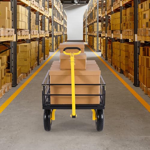 VEVOR 1200 Lbs Steel Garden Cart, Heavy Duty Pullable Garden Wagon Yard Cart, 2 in 1 Outdoor Metal Utility Wagon Yard Trailer with 13" All Terrain Tires, Mesh Removable Sides and 180°Rotating Handle - color: Black+yellow