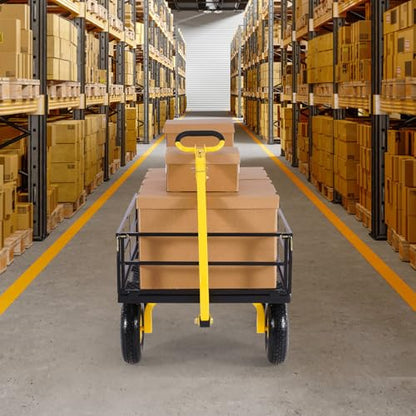 VEVOR 1200 Lbs Steel Garden Cart, Heavy Duty Pullable Garden Wagon Yard Cart, 2 in 1 Outdoor Metal Utility Wagon Yard Trailer with 13" All Terrain Tires, Mesh Removable Sides and 180°Rotating Handle - color: Black+yellow