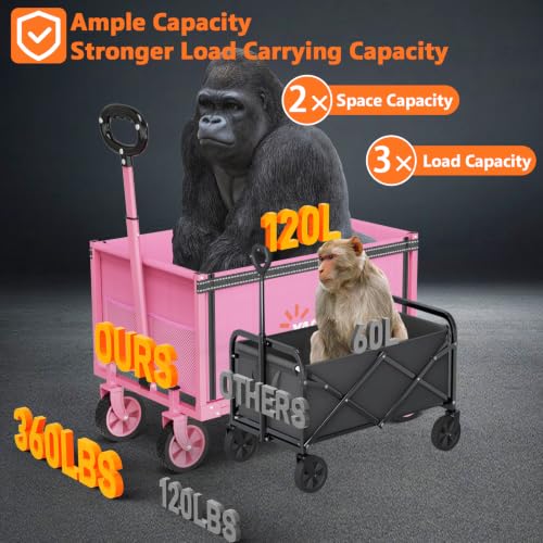 Semoprus 3 in 1 Wagons Carts Foldable,360LBS Beach Cart with Sturdy Wheels - color: Pink