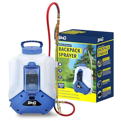B&G Battery-Powered Backpack Sprayer (2.5 Gallon) – Cordless Electric Sprayer with Extenda-Ban Valve & 18” Extension | 21V 5.2Ah Rechargeable Battery | Adjustable 10-95 PSI | Brass Pin-to-Cone Tip