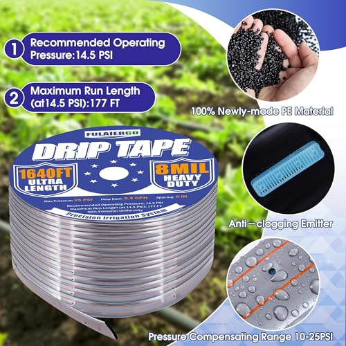 1640FT 5/8" Drip Irrigation Tape - 8 Mil 0.5 GPH 6" Spacing