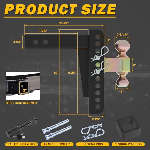 Adjustable Drawbar Trailer Hitch Fit for 2-Inch Receiver with 8" Drop/Rise and Carbon Steel 2" and 2-5/16" Ball Hitches Heavy Duty for Max Towing 20000 LBS - color: Gold&Black-8Inch