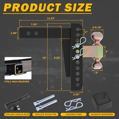 Adjustable Drawbar Trailer Hitch Fit for 2-Inch Receiver with 8" Drop/Rise and Carbon Steel 2" and 2-5/16" Ball Hitches Heavy Duty for Max Towing 20000 LBS - color: Gold&Black-8Inch