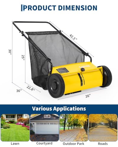 26" Push Lawn Sweeper, 7 Cu.Ft. Hopper Bag, Heavy Duty Yard Sweeper - color: Yellow, size: 26in