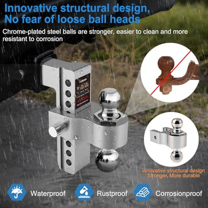 Drop Hitch for 2 Inch Receiver, 8 Inch Adjustable Trailer Hitch, 12,500 LBS GTW Truck Hitch, (2" & 2-5/16") Chrome Ball Mount, Class IIV & IV Aluminum Tow Hitches, 2 Anti-Theft Pins Locks - size: for 2" Receiver
