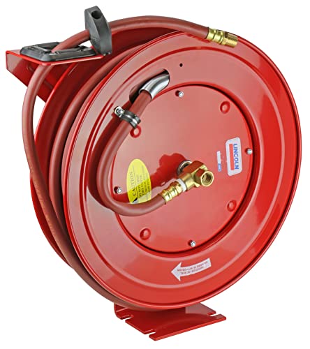 Lincoln 83754 Value Series Air/Water Retractable Hose Reel with 50' x 3/8" Rubber Air Hose, 1/2" NPT, 300 PSI, Slotted Mounting Base, 5-Position Adjustable Outlet Arm, All-steel Construction, Red
