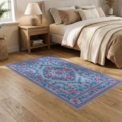 5'x7' Pink Blue Chinoiserie Floral Medallion Washable Area Rug - color: Blue/Pattern 10, size: 5' x 7' (Rectangular)