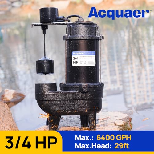 Acquaer 3/4 HP Submersible Sewage Pump 6400 GPH Auto Vertical Float Switch - color: Dark Black