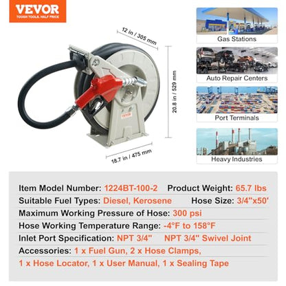 VEVOR Fuel Hose Reel, 3/4 inch x 50 ft Retractable, Spring Driven Auto Swivel Rewind, 300 PSI, Heavy-Duty Carbon Steel Construction with Industrial Grade Rubber Hose, for Diesel Fuel, Kerosene - color: 3/4" 50 Ft