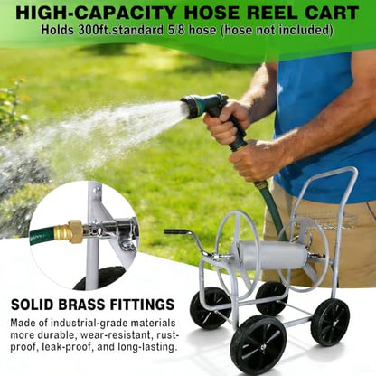 Hose Reel Cart, 300FT of 5/8’’ Hose, Heavy-Duty Water Hose Cart with 4 Wheels, Storage Basket, Portable Water Hose Organizer for Outside Yard, Outdoor Planting Tool (Sliver) - size: 300FT