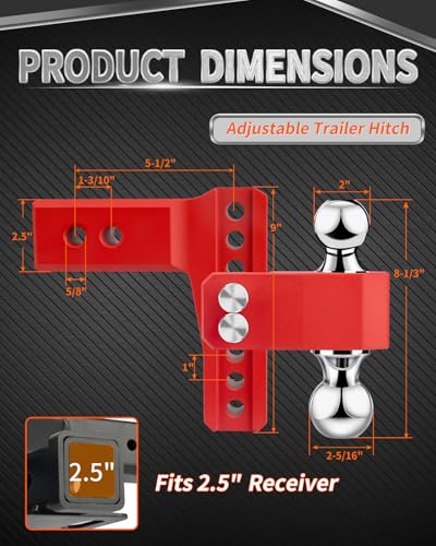 METOWARE Aluminum Adjustable Trailer Hitch, Fits 2.5'' Receiver, 6'' Drop - color: Red, size: 6'' Drop