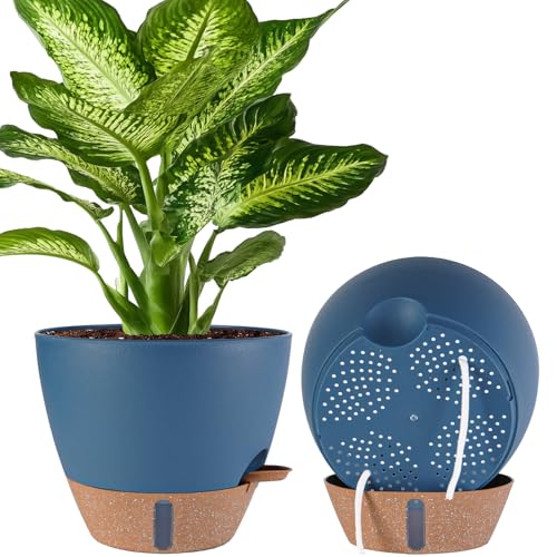 2 Pack 10 inch Plant Pots, Plastic Self Watering Planters - color: Navy Blue, size: 10 inches