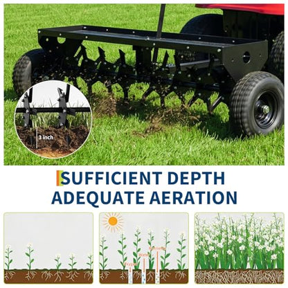 48-Inch Heavy Duty Tow Behind Plug Aerator - Universal Hitch for Lawn Tractors & ATVs, 3-Inch Deep Aeration with 150lb Weight Tray for Lawn, Farm, Garden and Yard Care