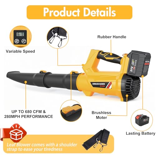 Electric Leaf Blower Cordless with 2 x 6.0Ah Batteries 6 Speed Mode - color: Yellow