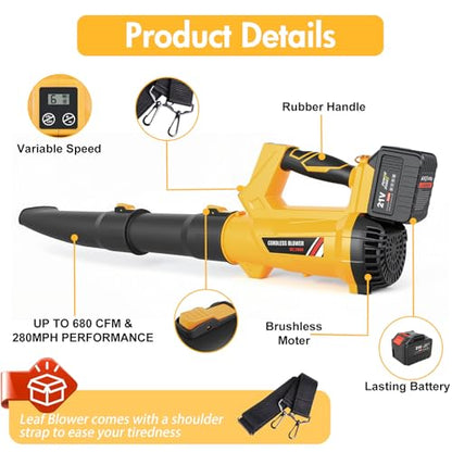Electric Leaf Blower Cordless with 2 x 6.0Ah Batteries 6 Speed Mode - color: Yellow