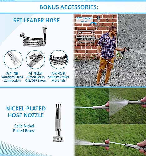Morvat Stainless Steel Metal Water Hose Reel for 150FT Hose, Retractable Garden Hose Holder with Storage Shelf & Crank, Wall/Floor Mount, Includes 5Ft Leader Hose with ON/OFF Valve & Accessories - style: 150FT Reel