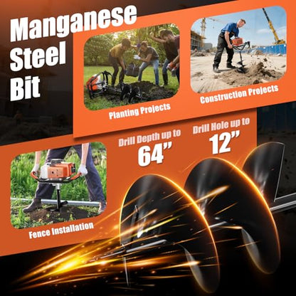 Baotree 62cc Gas Powered Post Hole Digger Earth Auger, 6" & 8" Bits, 2 Rods - size: 62cc