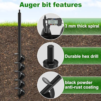 Insaga Auger Drill Bit for Planting 3.5″ x 32″– Heavy Duty Carbon Steel Spiral Garden Auger for Drill, 3/8″ Hex Drive Plant Auger for Bulbs & Seedlings – 32″ Long Reach Reduces Bending - size: 3.5″ x 32″