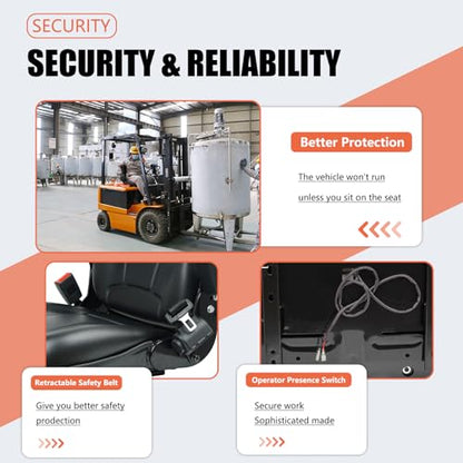 Universal Forklift Seat, Fold Down Tractor Seat with Retractable Safety Belt, and Micro Switch for Tractor, Excavator, Skid Loader, Backhoe, Dozer, Telehandler
