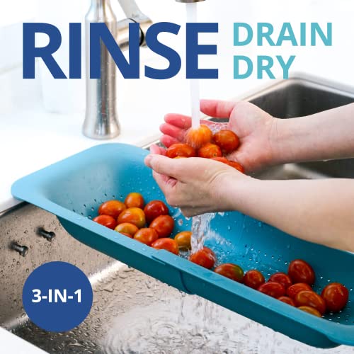 BLUE GINKGO Over the Sink Colander Strainer Basket - Wash Vegetables and Fruits, Drain Cooked Pasta and Dry Dishes - Extendable - New Home Kitchen Essentials (7.9 W x 14.5-19.5 L x 2.75 H) - Teal - color: Green, size: 1 Pack
