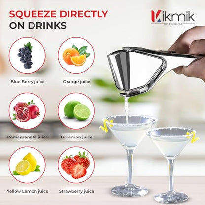 Stainless Steel Lemon Squeezer - Foldable Handheld Citrus Press & Manual Juicer with Sideways Pivot, Ergonomic Space Saving Design (Silver).