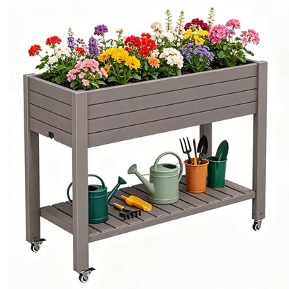 Raised Garden Bed with Shelf, Rolling Resin Planter Box, Gray - color: Gray, size: 33.7" H