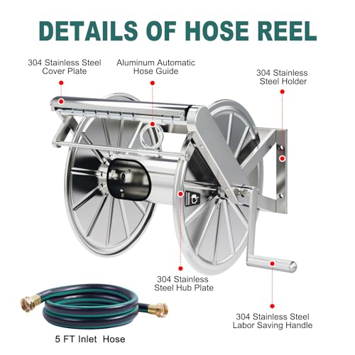 Stainless Steel Garden Hose Reel Heavy Duty, Wall Mount Water Hose Holder, 150 Feet of 5/8 Inch Hoses Capacity, Hose Reels with 5 ft Inlet Hose for Outside, Lawn, Yard, Garage - size: 150 ft Capacity without Hose
