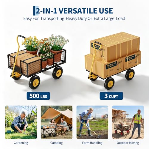 Garvee Steel Garden Cart Wagon,500 Lbs Wheelbarrow Yard Cart-Black&Yellow - color: Black Yellow, size: 500lbs