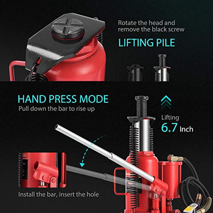 SPECSTAR Pneumatic Air Hydraulic Bottle Jack with Manual Hand Pump 20 Ton - color: Red