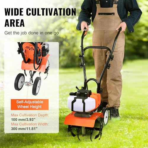VEVOR Tiller Cultivator Gas Powered, 43CC 2-Stroke Garden Cultivator, Tiller with 4 Steel Adjustable Front Tines for Lawn, Garden and Field Soil Cultivation - size: 43CC,2-Stroke