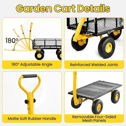 Garden Cart Steel Heavy Duty, 900LBS Capacity, Pullable Metal Yard Lawn Cart with 10 inch Wheels and Handle, Attach to ATV Or Tractor for Gardening Soil Tools Plant Transport, Black