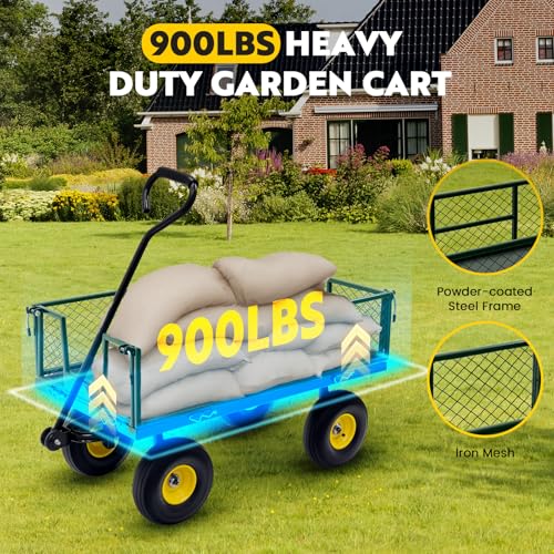 Steel Garden Cart, 2-in-1 Heavy Duty Utility Wagon 900 LBS Capacity Carts with Removable Mesh Sides to Convert into Flatbed, 240° U-Turn 10" Pneumatic Tires Garden Wagon for Lawn Camping Farm Yard - color: Green