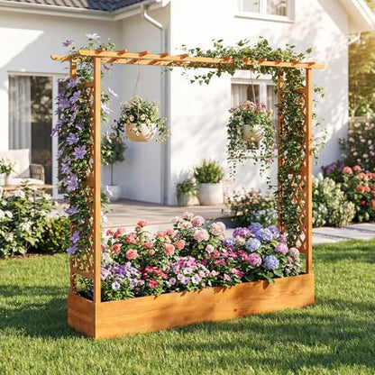 S AFSTAR 77-Inch Raised Garden Bed with Arch Trellis, Hanging Roof & Drainage Holes, Vertical Plant Container for Vine Climbing Plant Flower, Indoor Outdoor Wood Elevated Planter Box for Garden - size: 77"L x 17"W x 70"H