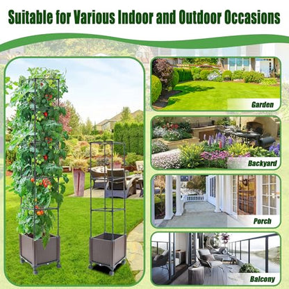 Quibbay Raised Garden Bed Planter Box with Trellis, 62.2" Self-Watering Tomato Planters for Climbing Plants Vine Flowers Outdoor Patio, Tomatoes Cage with Trellis Wheels for Outdoor, 1Pack - size: 4 Floors-11.8*11.8*62.2IN