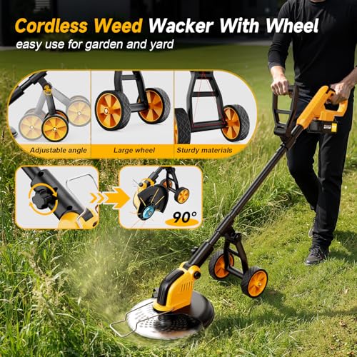6000mAh 4-in-1 Electric Weed Wacker Cordless, 20000RPM Weed Eater Battery Powered, Heavy Duty Brush Cutter Edger Lawn Tool/Weed Trimmer/Grass Trimmer W/Wheel Metal Blade, 2 Battery Yard Tool - color: YELLOW