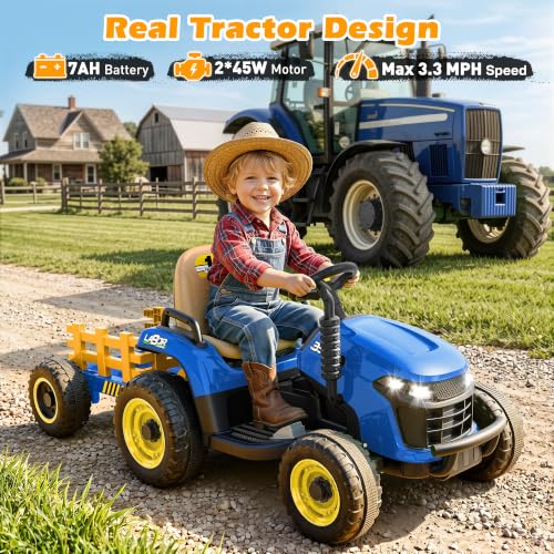 ARBELI 12V 7AH Kids Ride On Tractor w/Trailer & Remote Control, Blue - color: Blue