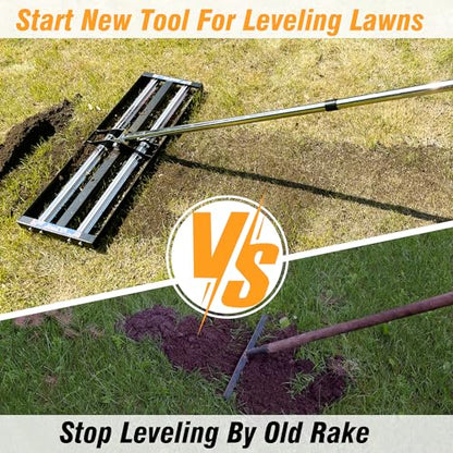 Updated Lawn Leveling Rake 30"x10", Lawn Leveler with Aluminum Rollers | Yard Leveling Rake Stainless Steel with 27-80" Adjustable Handle, Heavy-Duty Lawn Rake Suit for Garden, Golf Lawn, Farm - size: 30''x10'' With Roller (Black)