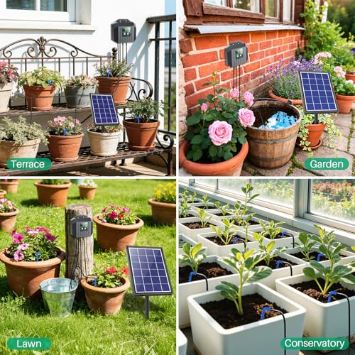 NFESOLAR 4W Solar Powered Automatic Drip Irrigation Kit with LCD Timer, Customizable Watering Duration 1–30min & Interval 3h–7d, Solar Irrigation System for 15 Potted Plants, Garden, Patio, Vacation