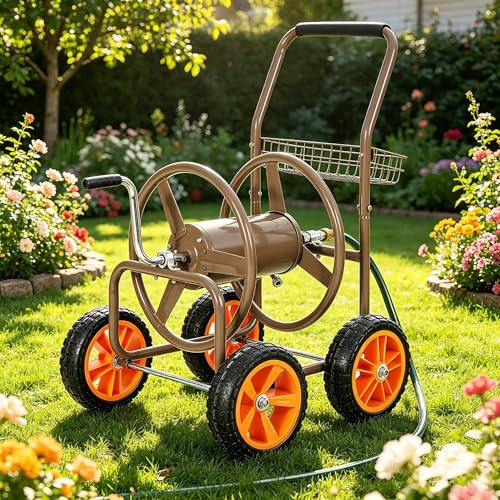 250ft 5/8" Heavy Duty Hose Reel Cart No-Flat Tires - color: Brown