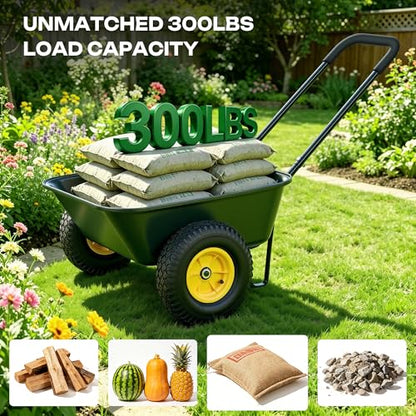 2 Wheel Wheelbarrows, Dual-Wheel Garden Dump Cart with 10" Non-Slip Pneumatic Tires & Ergonomic Padded Handle, Heavy-Duty Utility Yard Cart Wagon with 3 Cu Ft Capacity for Lawn, Gardening,Farm - color: 3cbf| Dark Green