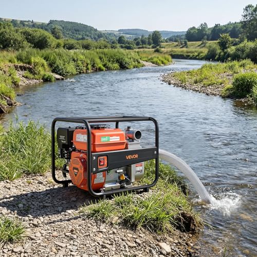 VEVOR Gas Powered Water Pump, 2 in, 158 GPM 7HP Semi Trash Water Transfer Pump Portable, Gasoline Engine with 25 ft Discharge Hose, Heavy Duty Frame, Cast Iron Impeller, for Irrigation, Ponds, Pools - size: 2in 7.0 HP 158GPM