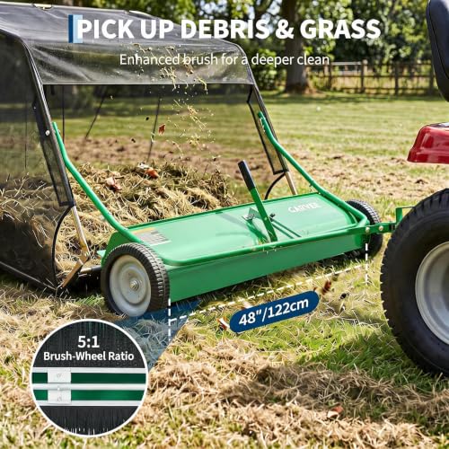 Garvee 48" Lawn Sweeper Tow Behind with 15.89 Cu. ft. Hopper - color: Green, size: 48 Inch