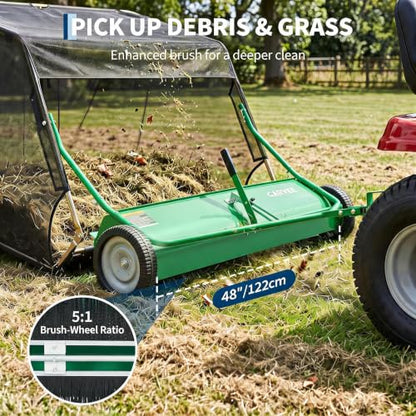 Garvee 48" Lawn Sweeper Tow Behind with 15.89 Cu. ft. Hopper - color: Green, size: 48 Inch