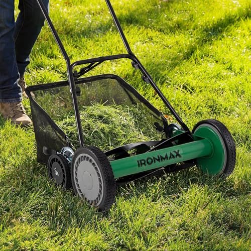 IRONMAX 18 Inch 5-Blade Push Reel Mower, Removable Grass Catcher, Green - color: Green, size: 18 Inch
