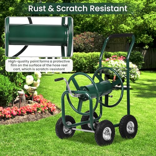 Garden Hose Reel Cart with Wheels, Holds 300-Feet of 5/8-Inch Hose, Heavy Duty Yard Water Planting 4 Wheels Outdoor Garden Lawn Water Truck with Storage Basket, Green - color: Green