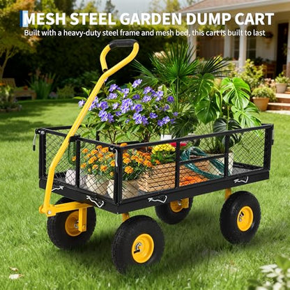 900 Lbs Heavy Duty Steel Garden Cart, Garden Wagon Cart on Wheels, Outdoor Metal Yard Utility Wagon Carts with and Mesh Removable Sides(Convert to Flatbed) and 180°Rotating Handle,Black